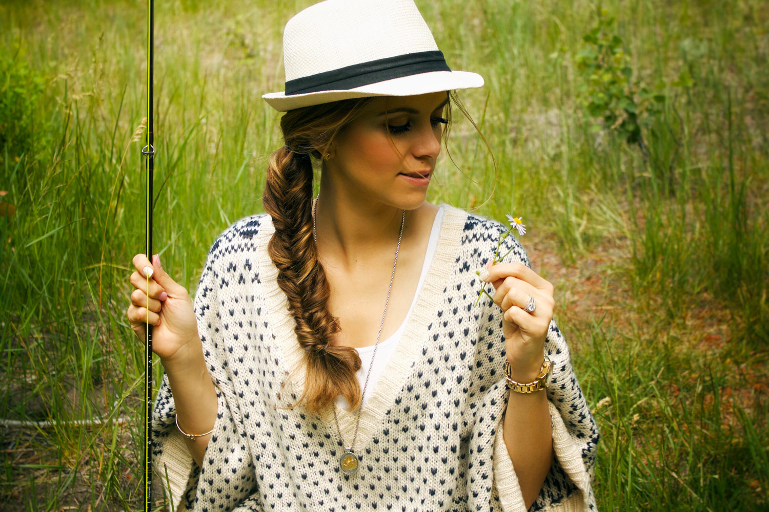 Poncho and Jeans, poncho sweater, fishing