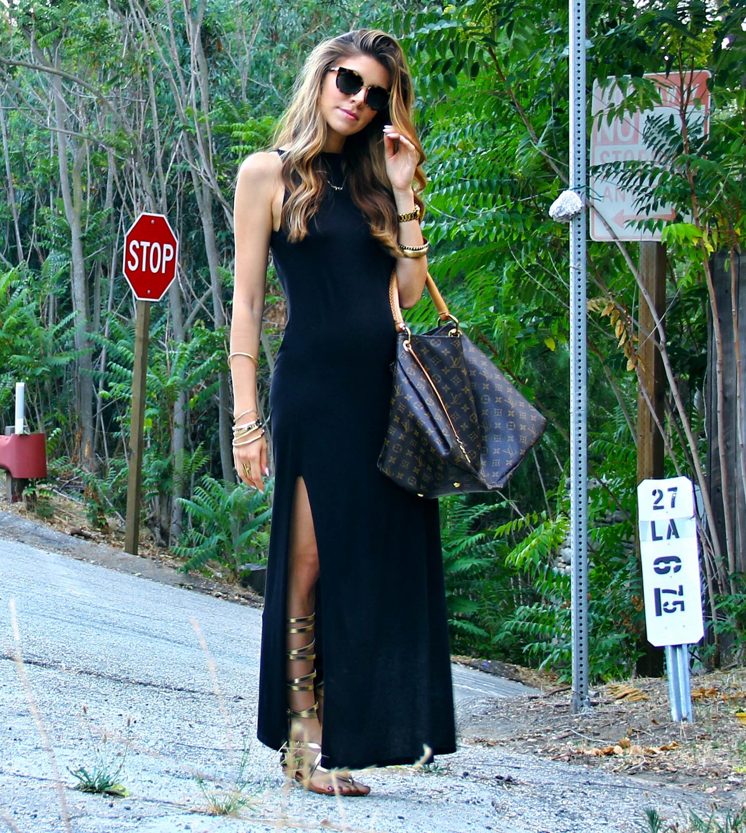 Black Maxi Dress with Gladiator Sandals and Louis Vuitton Handbag