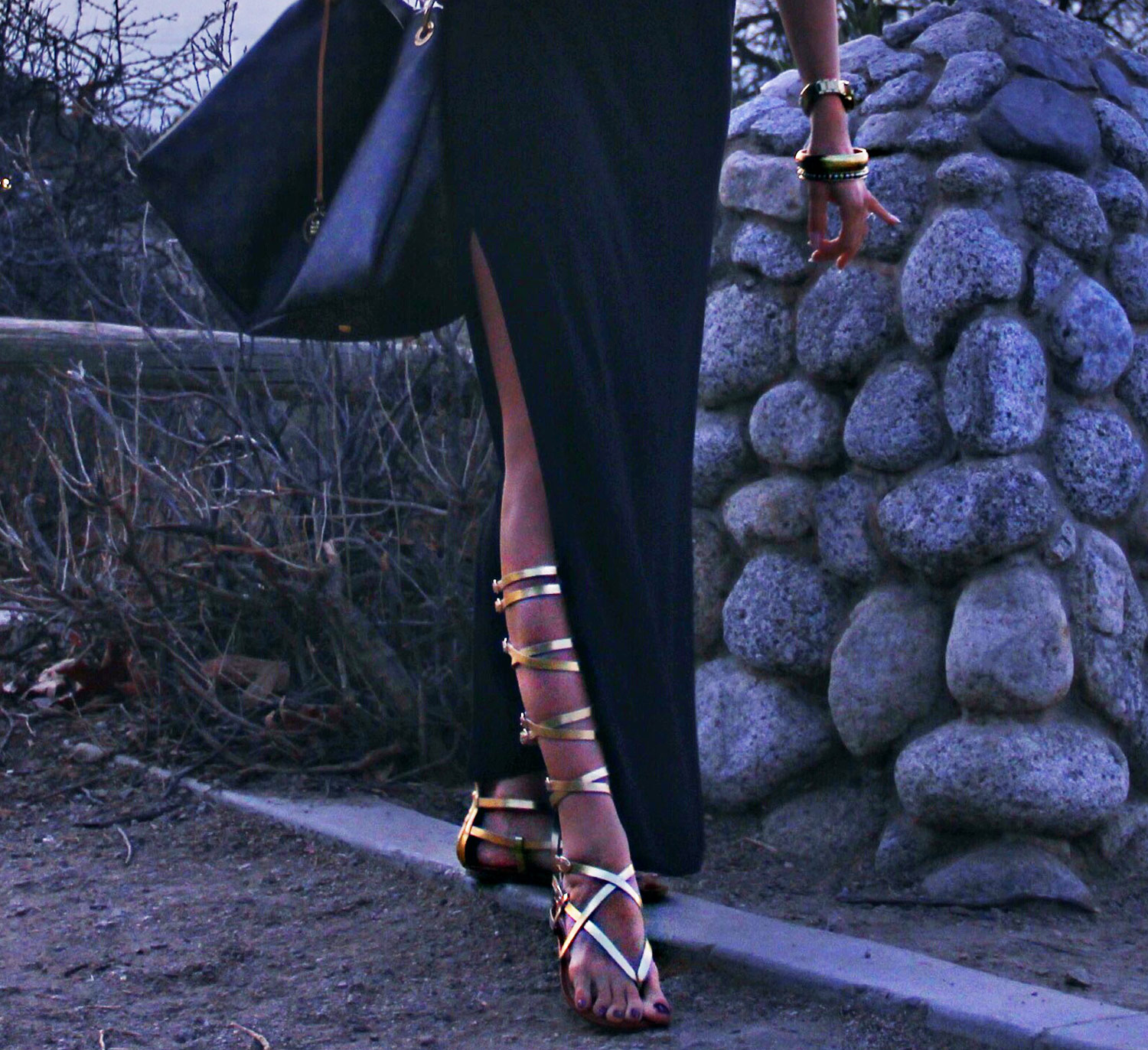 Black Maxi Dress with Gladiator Sandals and Louis Vuitton Handbag