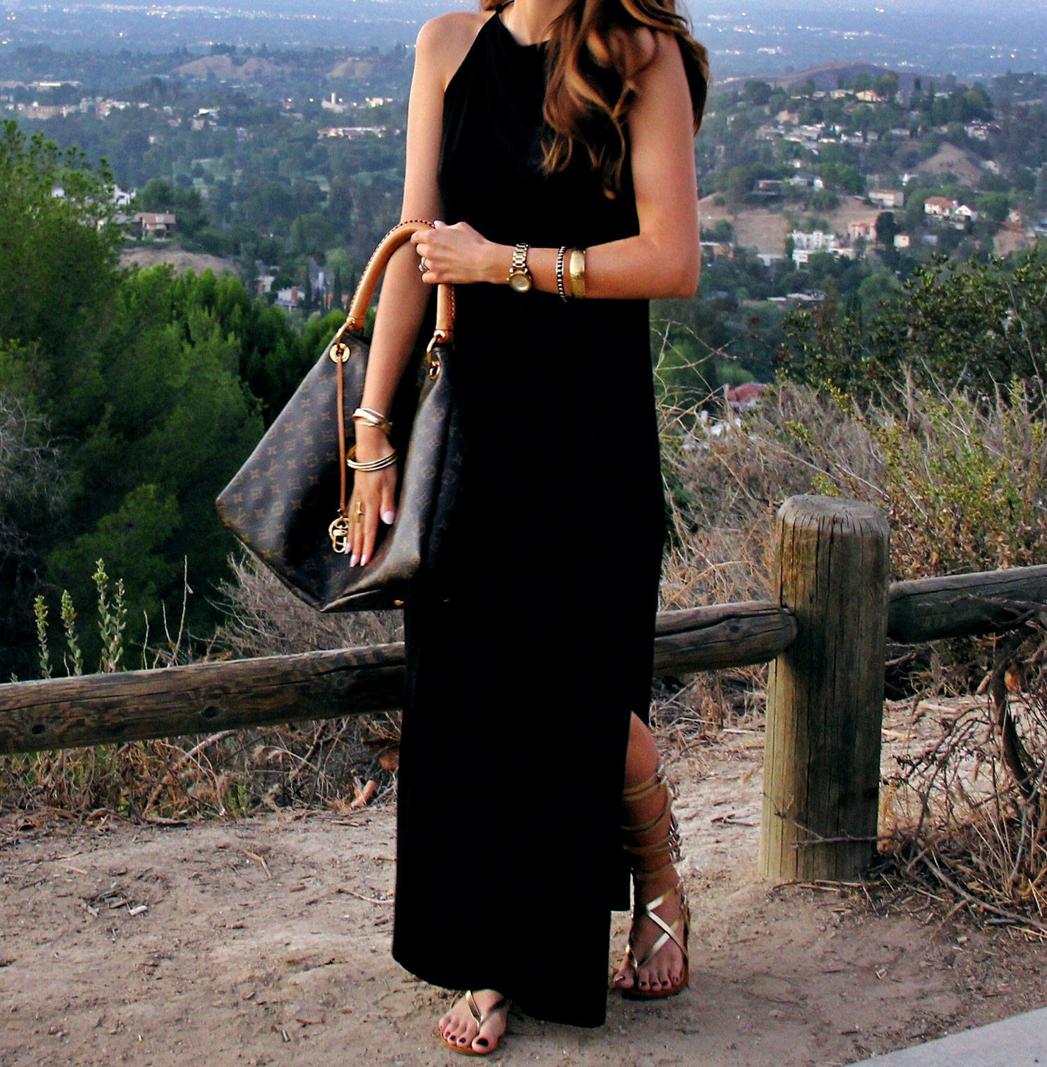 Black Maxi Dress with Gladiator Sandals and Louis Vuitton Handbag