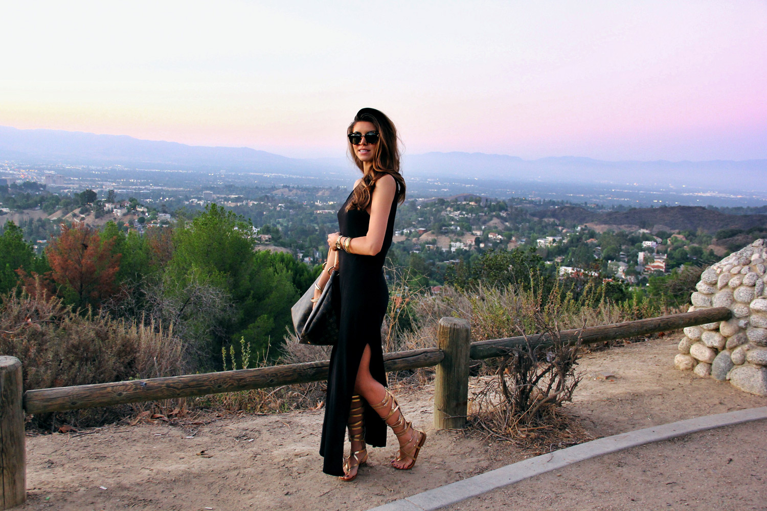 Black Maxi Dress with Gladiator Sandals and Louis Vuitton Handbag