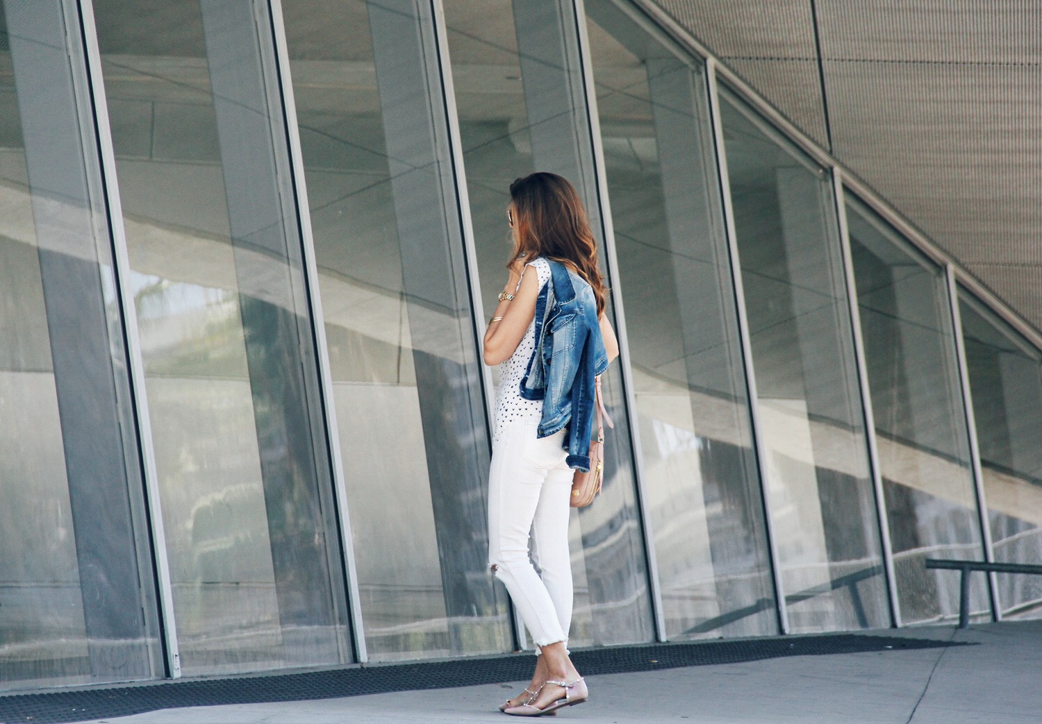 Summer Outfit, All White and Pale Pink Accessories. Destroyed Jeans, Halogen Shoes, Denim Jacket, Silk Blouse, happy