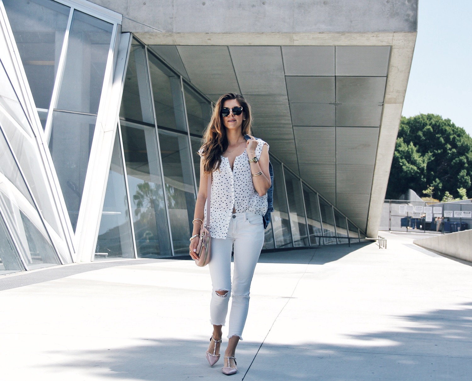 Summer Outfit, All White and Pale Pink Accessories. Destroyed Jeans, Halogen Shoes, Denim Jacket, Silk Blouse, happy