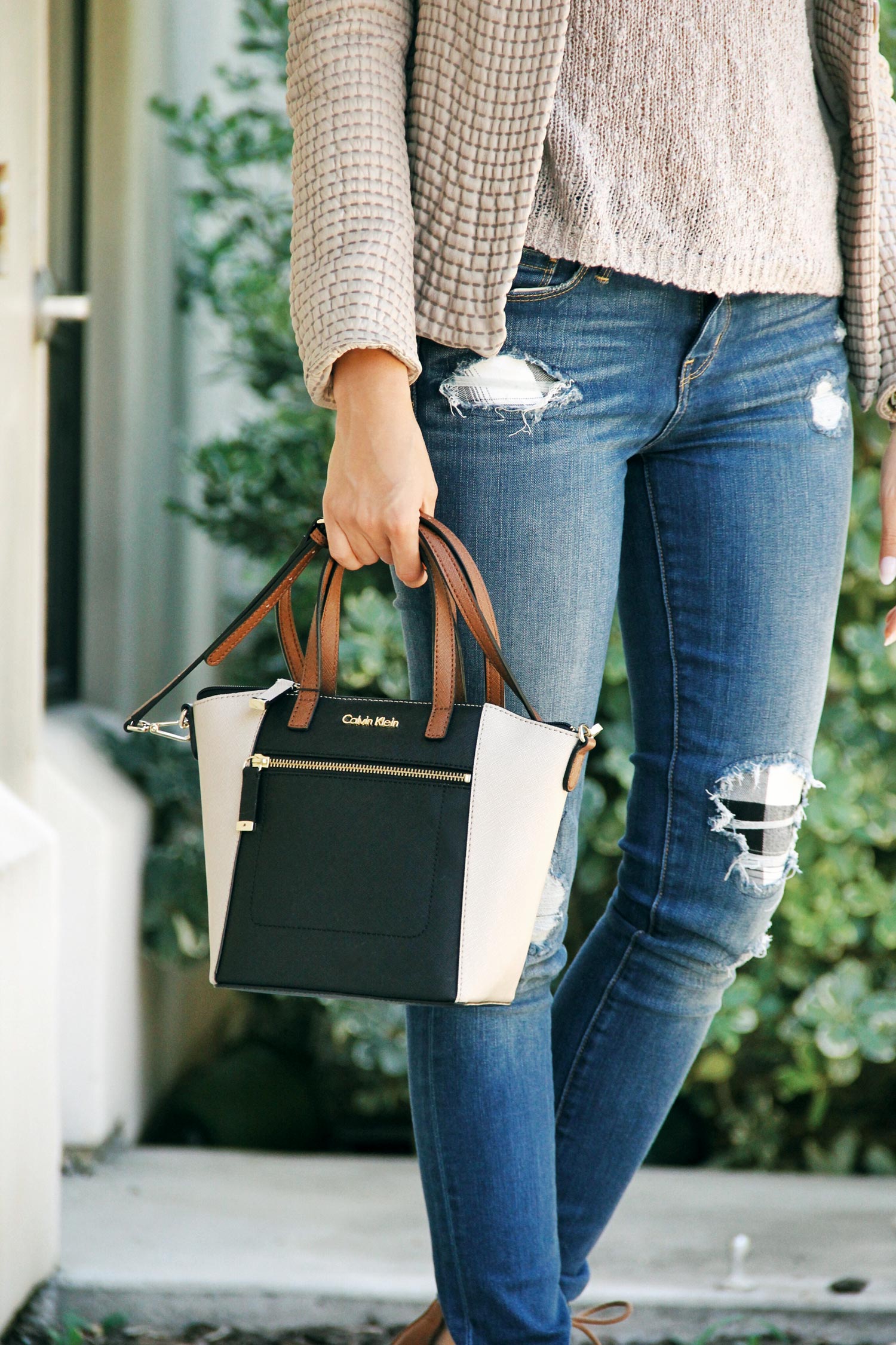 Brown Gladiator Sandals, Calvin Klein Handbag, Grey Sweater, Distressed Patched Jeans