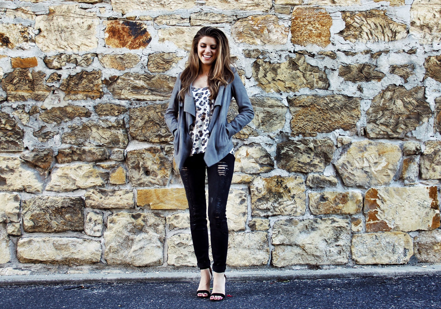 Grey Suede & Print, Leather Jacket, Black Destroyed Jeans, Leopard Top