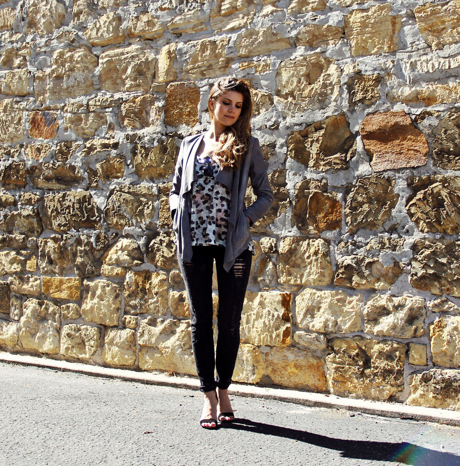 Grey Suede & Print, Leather Jacket, Black Destroyed Jeans, Leopard Top