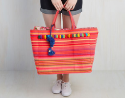 Beach Tote with Pom Poms