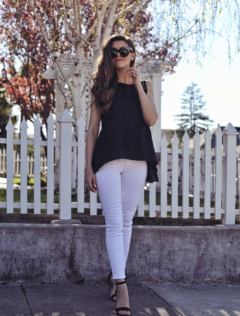 Fashion and lifestyle blogger Adelina Perrin of The Charming Olive wearing Stitch Fix Black Top and White Jeans