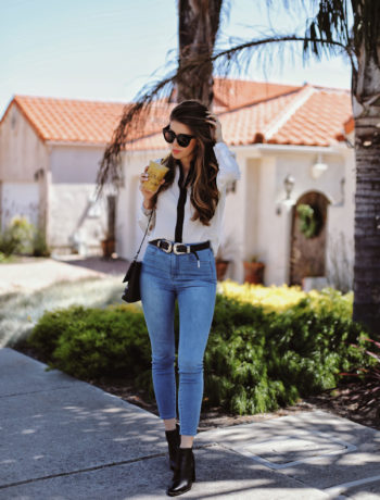 Fashion and lifestyle blogger Adelina Perrin of The Charming Olive wearing Grana Turkish Denim, Grana Silk Shirt, Senso boots and Hammitt Bag