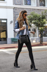 Fashion and lifestyle blogger Adelina Perrin of The Charming Olive wearing Madwell denim jacket and Hammitt LA cross body bag