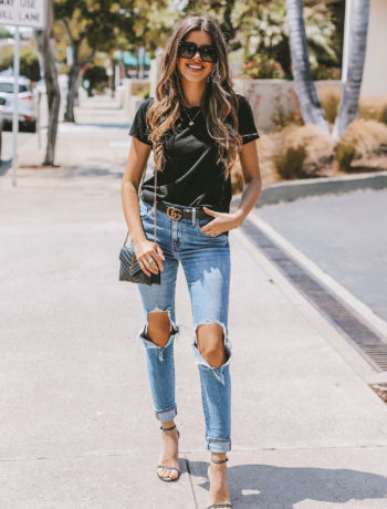 Fashion & lifestyle blogger Adelina Perrin of The Charming Olive wearing Levis Jeans, Gucci Belt, Stuart Weitzman heels.