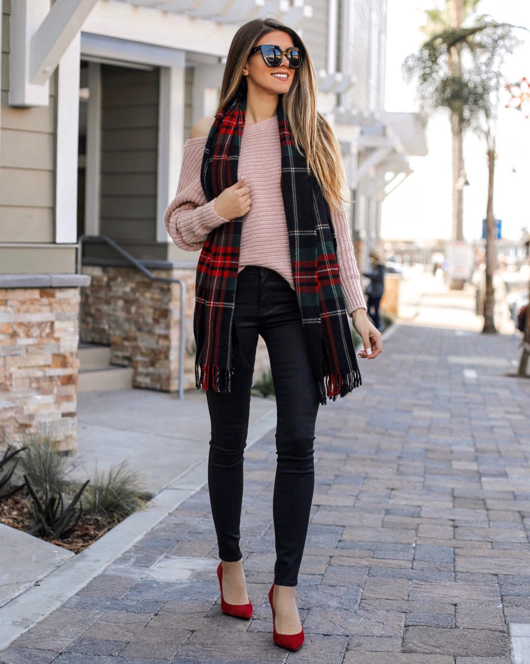 The Charming Olive Adelina Perrin Wearing a holiday Plaid Scarf and Cozy Sweater