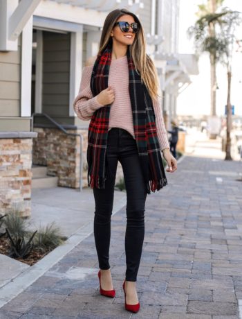 The Charming Olive Adelina Perrin Wearing a holiday Plaid Scarf and Cozy Sweater